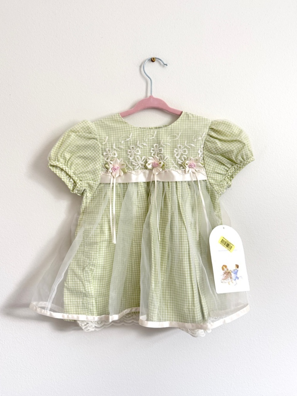 Vintage NEW The Children’s Hour 24 Months Floral Green Gingham Baby Dress NWT